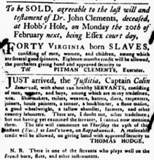 sales of slaves and servants, Virginia Gazette, 22 Dec. 1768