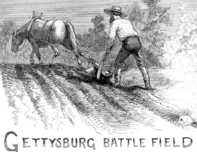 Gettysburg battlefield, man with horsedrawn plow, 1882