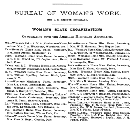 Womans State Organizations, Cooperating with the American Missionary Association, October 1889