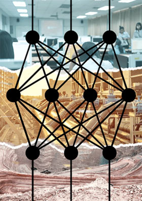 A collage representing AI. Bottom: mineral mining; middle, data center cooling system; top, students in computer classroom; overlay, artificial neural network map.