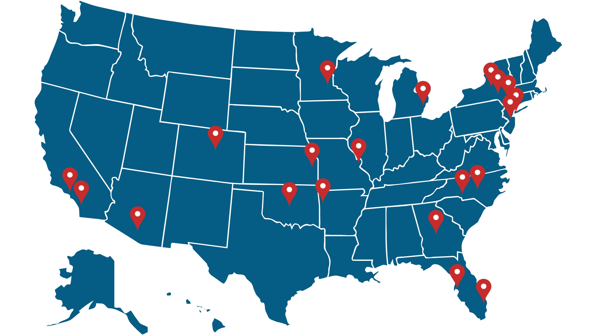 map of the United States with location markers