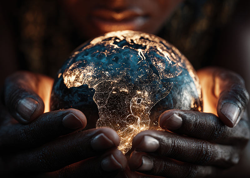 hands holding a globe featuring Africa