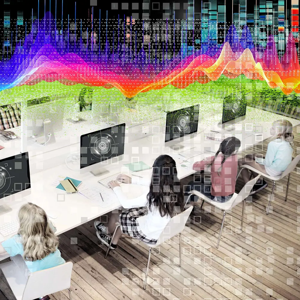 Students at computers with screens that include a representation of a retinal scanner with pixelation and binary data overlays and a brightly coloured datawave heatmap at the top.